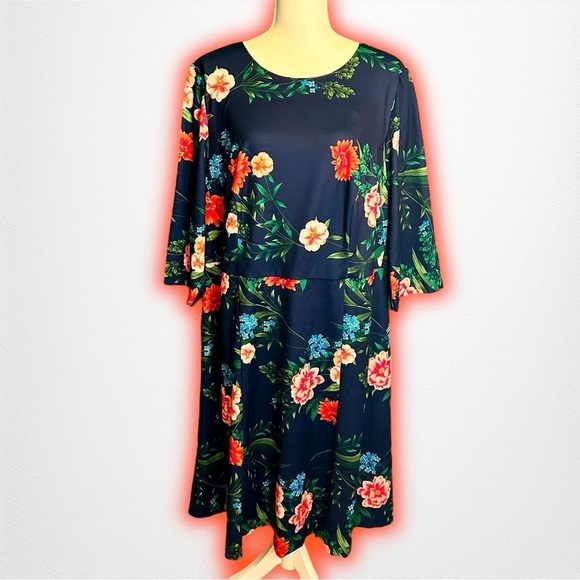 NWOT Eliza J ‘Mandy’ Navy Blue 3/4 Sleeve Fit & Flare Style Dress Plus Size 18W - Picture 3 of 16